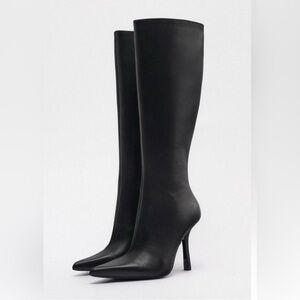 Zara Leather Black Heeled Knee Boots size 10
